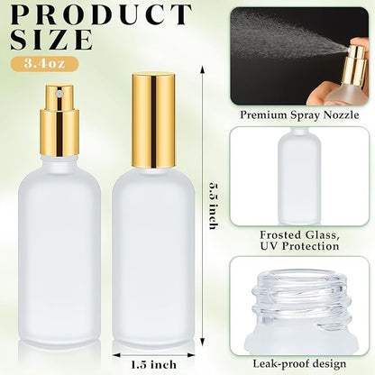 Roshtia 30 Pcs 3.4 oz/ 100 ml Gold Glass Spray Bottle Refillable Frosted Perfume Atomizer Clear Decorative Empty Bottles with Fine Mist Sprayer Pump for Face Body Travel