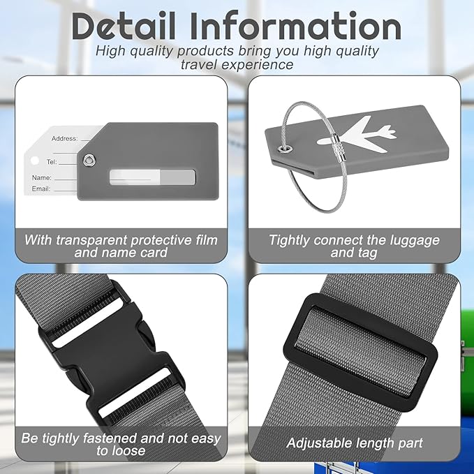 Weewooday 8 Pcs Luggage Straps Suitcase Tags Set for TSA Approved, 4 Travel Adjustable Suitcase Belt, 4 Silicone Luggage Tags with Name ID Card Travel Accessories(Dark Gray,Airplane)