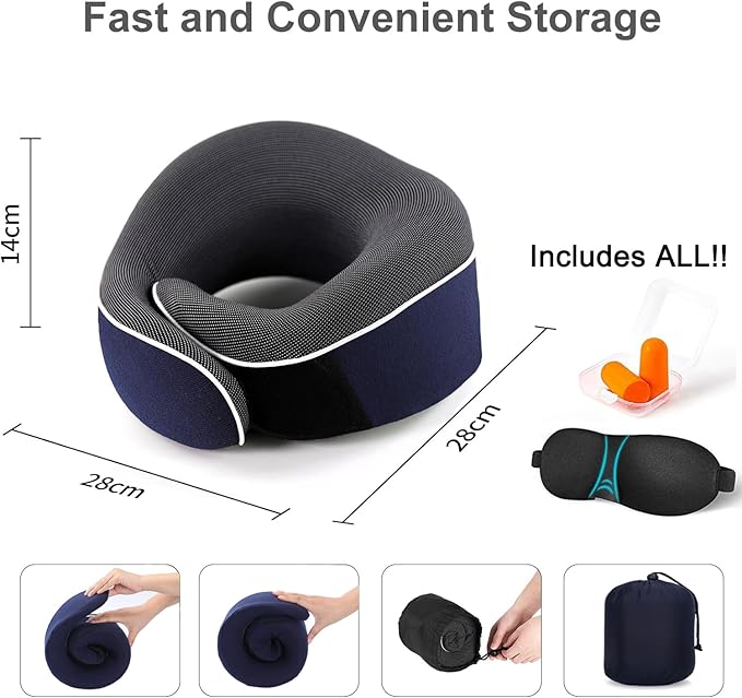 TALLGO Travel Neck Pillow, Best Memory Foam Airplane Pillow for Head Support Soft Adjustable Pillow for Plane, Car & Home Recliner Use (Blue)