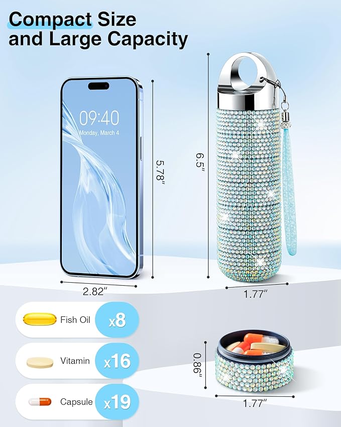 Zannaki Metal Bling Pill Organizer, Travel Waterproof Weekly Pill Box, Portable Large Aluminum Alloy Pill Case Container, BPA Free 7 Day Daily Medicine Organizer Holder for Vitamin,Fish Oil,Supplement
