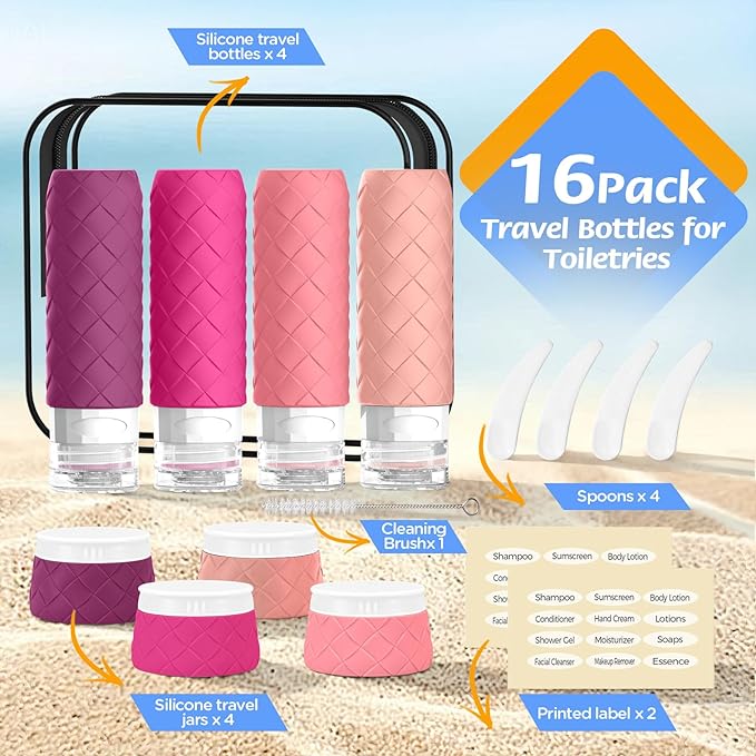 16 Pack Travel Bottles for Toiletries, TSA Approved Travel Size Toiletries Containers Set BPA-Free Silicone Leak Proof Refillable Bottles Stackable Creams Jars Accessories Kit W/Clear Bag Purplish Red