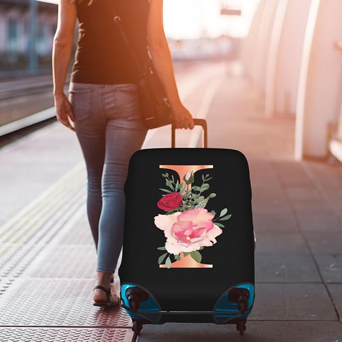 Floral Letter I Travel Luggage Cover Spandex Suitcase Protector Elastic Washable Stretch Suitcase Cover Fits 29-32 Inch Luggage