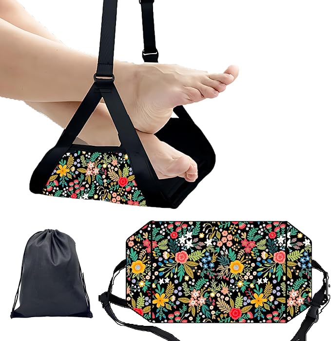 Airplane Foot Hammock for Plane Travel Ajustable Foot Rest for Plane Comfort Sling Airplane Gadgets for Adult Long Fling,Plane Travel Essentials (Flower)