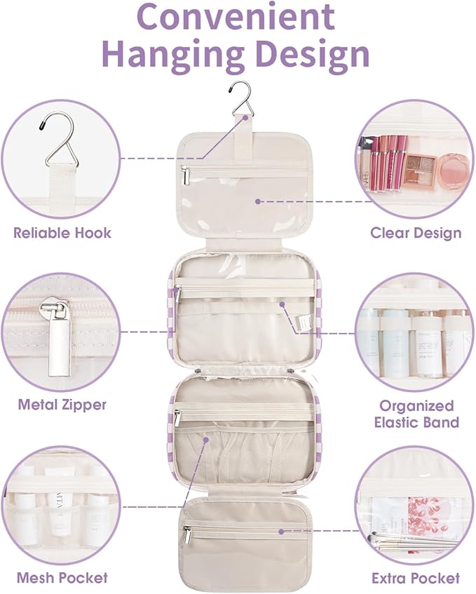Narwey Hanging Toiletry Bag for Women Travel Makeup Bag Organizer Toiletries Bag for Travel Size Essentials Accessories Cosmetics (Purple Checkerboard (Medium))