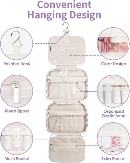 Narwey Hanging Toiletry Bag for Women Travel Makeup Bag Organizer Toiletries Bag for Travel Size Essentials Accessories Cosmetics (Purple Checkerboard (Medium))