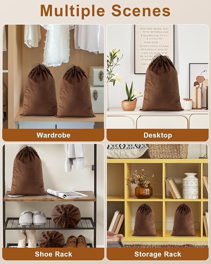 FantasyLife Shoe Bags for Travel, Washable Dust Bags for Storage & Packing, Flannel Shoe Pouch with Drawstring Closure for Purses, Handbags, Shoes & Toys (4, Mocha Mousse)