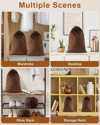 FantasyLife Shoe Bags for Travel, Washable Dust Bags for Storage & Packing, Flannel Shoe Pouch with Drawstring Closure for Purses, Handbags, Shoes & Toys (4, Mocha Mousse)