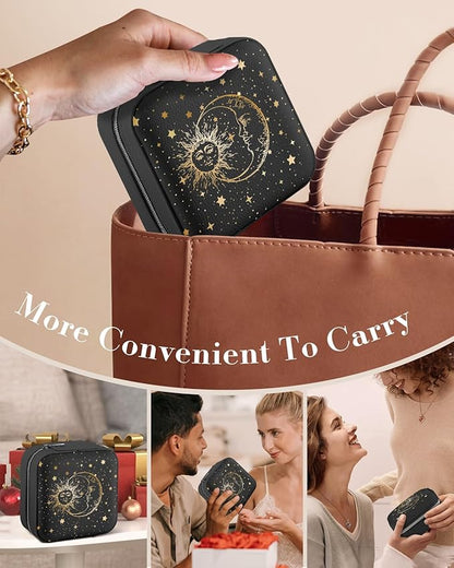 Bistup Travel Jewelry Case - Small Jewelry Organizers and Storage Box for Women Girls Teens Cute Traveling Jewelry Holder with Mirror Little Tiny Compact Modern Unique Aesthetic Pretty, Sun and Moon