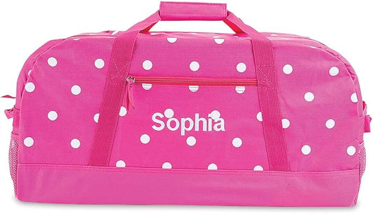 Lillian Vernon Personalized Duffel Bag for Kids, Roomy Pink & White Dots Weekender With Front & Side Compartment, Customizable Girls Sports & Travel Bags With Custom Name, 11" x 12" x 23"W