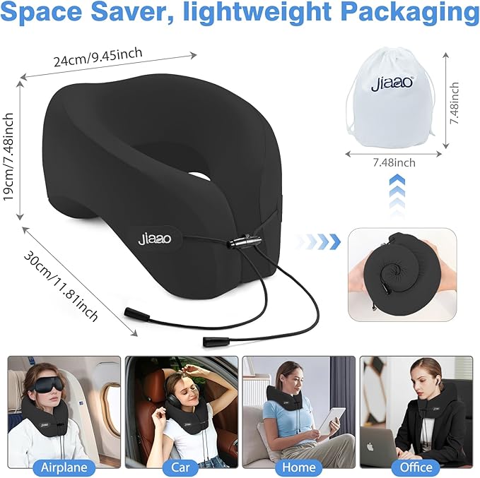 jiaao Neck Pillow Airplane, 2025 Upgraded Memory Foam Travel Pillow for International Flights, Adjustable Clasp, Storage Bag, Advanced Neck Support for Road Trips, Home, Office, and Gaming