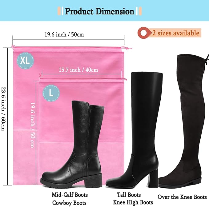 6 Pack Shoe Bags for Tall Boots, Knee High Boot Storage Bag, Non-Woven Drawstring Travel Shoe Organizer, Dust Bags for Purses and Handbags -19.6" X 23.6", Pink