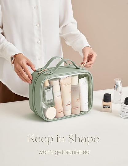 Clear Cosmetic Bag Double Layer Travel Toiletry Bag Clear Makeup Bag Case with 4 Compartments, Transparent Travel Bag for Toiletries, Large Toiletry Bag for Women Cosmetic Case (Sage Green, Large)