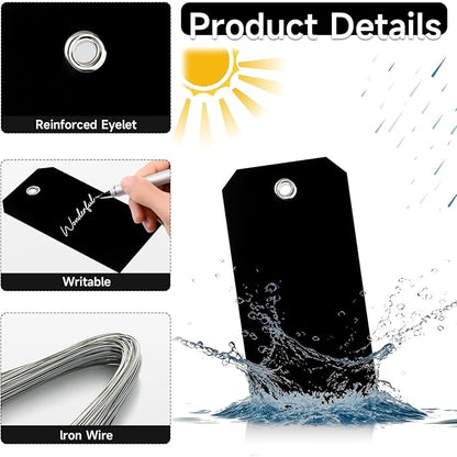 1000 Pieces Plastic Shipping Tags with Wire Labeling Tags Waterproof Hang Tags with Reinforcement Hole Writable Luggage tag Loops for Equipment Inventory Parts Garage (Black, 4 3/4" x 2 3/8")