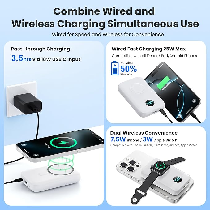 Magnetic Portable Charger for iPhone,10800mAh 4-in-1 Power Bank with iWatch Charger,25W PD Fast Charging Battery Pack for Magsafe,iPhone 17/16/15/14/13/12 Series,Apple Watch,Travel Essential,White