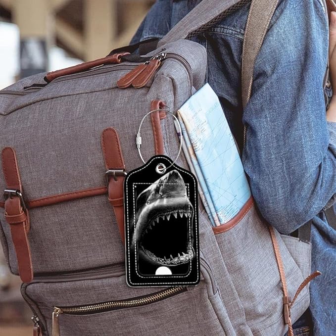 Funny PU Leather Luggage Tags 2-Pack Ocean Shark Mouth Cute Pattern Suitable for Suitcase Stainless Steel Loop and Address Card Essential for Cruise and Airport Travel for Men and Women