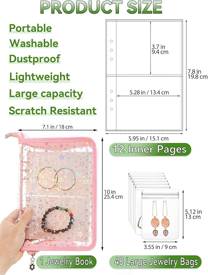 Jewelry Organizer Case Travel Clear Earring Organizer Case Transparent Jewelry Storage Book with Clear Zippered Jewelry Pouch (Pink, with 48 Pcs large Jewelry Pouches)