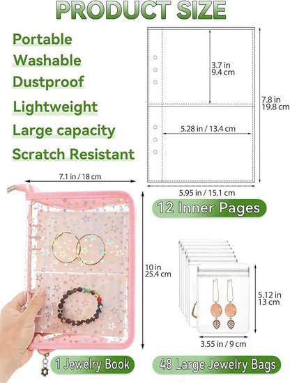 Jewelry Organizer Case Travel Clear Earring Organizer Case Transparent Jewelry Storage Book with Clear Zippered Jewelry Pouch (Pink, with 48 Pcs large Jewelry Pouches)