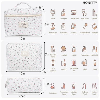 Makeup Bag,Quilted Cosmetic Bag,Large Floral Make Up Bag for Women,Cotton Makeup Bag Set,Flower Travel Toiletry Bag