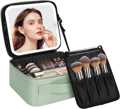 Chomeiu Makeup Bag with LED Mirror, Travel Makeup Case for Women and Makeup Artists Cosmetic Organizer Large Make Up Bags with Light Up Mirror, 3 Color Lights, Adjustable Dividers, Quilted Green