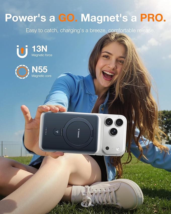 TORRAS EasyGo 10000mAh Magnetic Portable Charger Power Bank for iPhone, Fast Charging Travel Essential Wireless Battery Pack with Stand Compatible with Magsafe,17 Pro Max,Pro,16,15,14,13,12, Deep Blue