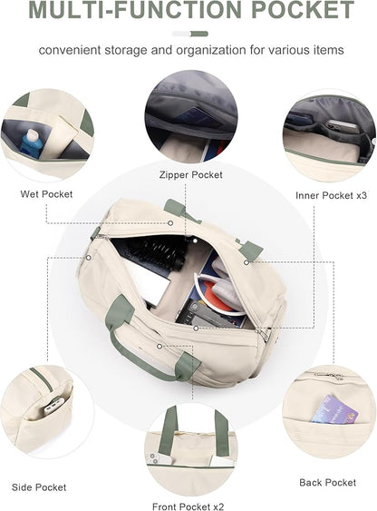 Gym Bag for Women Men with Shoe Compartment, Sport Duffel Bag, Waterproof Travel Weekender Overnight Carry on Bag for Yoga with Trolley Sleeve, Beige Green