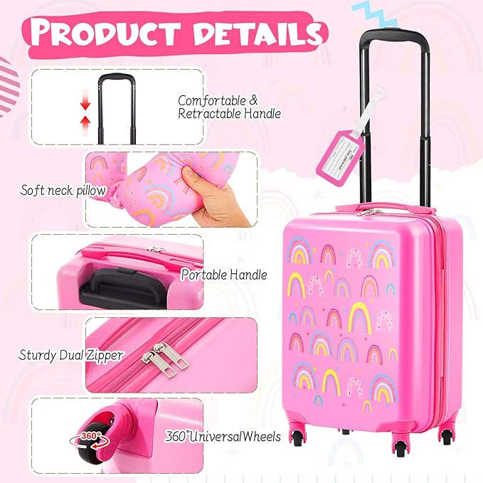 Sanwuta 4 Pcs Kids Luggage Set Backpack Travel Rolling Suitcase U-shape Pillow Christmas Children Gift for Girls Boys(20 Inch,Rainbow Style,Pink)