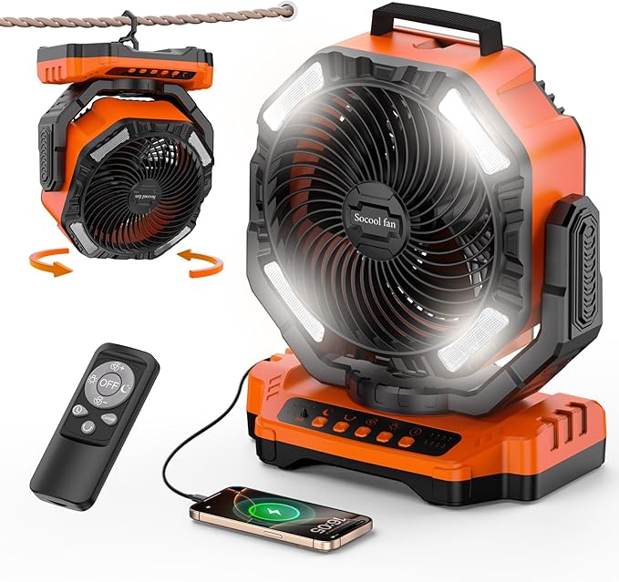 Socool 40000mAh Camping Fan Rechargeable, Battery Operated Portable Outdoor Fan Remote, 136Hrs & 4-Speed Cordless Oscillating, Table Fan with Light & Timer for Tent RV Jobsite Hurricane Power Outage