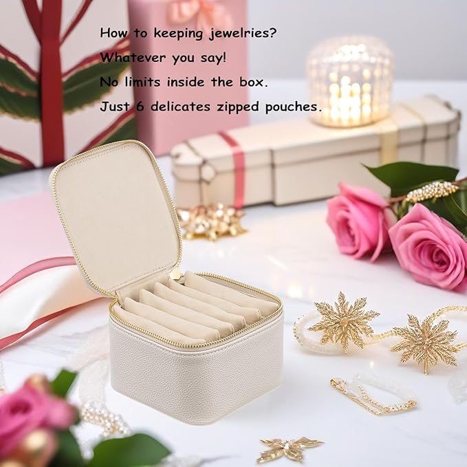 Vlando Travel Jewelry Box Organizer - 6 Small Velvet Zipped Pouches Pockets for Jewelries Necklaces Rings Earrings Sorting Storage, Offwhite