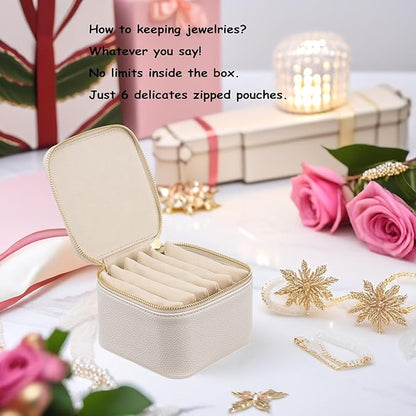 Vlando Travel Jewelry Box Organizer - 6 Small Velvet Zipped Pouches Pockets for Jewelries Necklaces Rings Earrings Sorting Storage, Offwhite