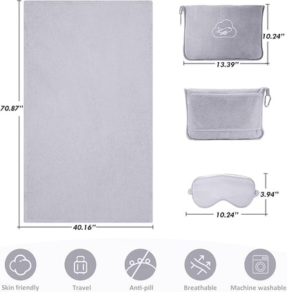 Travel Blanket, Ultra-Soft, Warm & Lightweight Travel Blanket Airplane with Bag, 65x40 in, Airplane Travel Essentials for Women, Men & Kids, Included Eye Mask, Luggage Sleeve & Backpack Clip