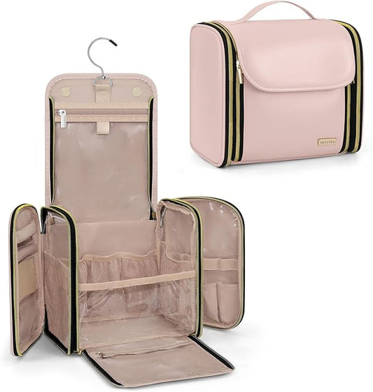 Hanging Toiletry Bag, PU Leather Makeup Bag Large Capacity with Jewelry Organizer for Brushes Set, Cosmetic Accessories, Pink