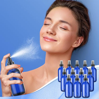 Fumete 36 Pcs Glass Spray Bottles 4oz Fine Mist Glass Spray Bottle Refillable Liquid Containers with 6 Labels 6 Funnel for Hair Travel Plants Cleaning Solutions Skin Care(Blue,Simple)