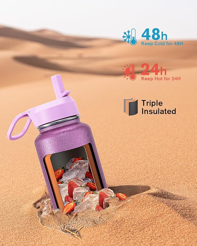 Coolflask Water Bottle 40 oz Insulated with Straw, Stainless Steel Metal 3 Lids Water Flask for Sports or Office, Keep Cold 48H Hot 24H, Glitter Pink