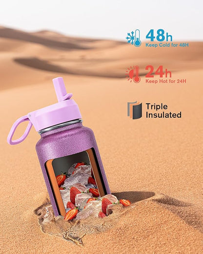 Coolflask Water Bottle 40 oz Insulated with Straw, Stainless Steel Metal 3 Lids Water Flask for Sports or Office, Keep Cold 48H Hot 24H, Glitter Pink