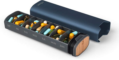 7 Day Weekly Pill Organizer by mbarc - Premium Stylish Aluminum and Wood Large Capacity Pill Box for Supplements, Pills, Vitamins and Medicine.