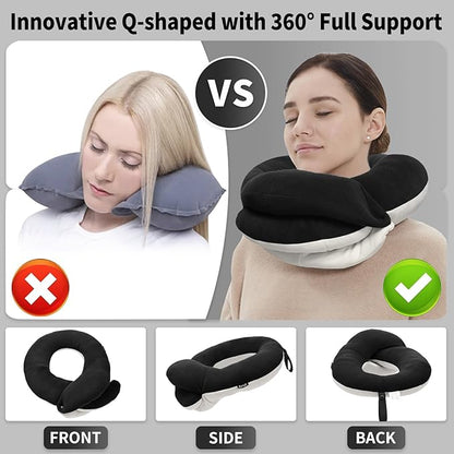 BUYUE Travel Neck Pillows for Airplanes, 360° Head Support Sleep for Long Flight, Skin-Friendly & Breathable, Kit with 3D Contoured Eye Mask, Earplugs and Storage Bag (Adult, Black, 90+ lbs)