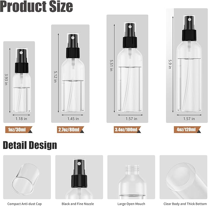 100PCS Small Spray Bottle, 1oz/30ml Travel Spray Bottle Clear Fine Mist Spray Bottles Plastic Empty Refillable Spray Bottles for Skin Care, Hair Care, Plant Care & Home Cleaning