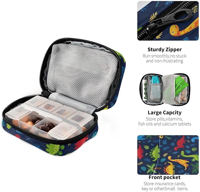 Pill Organizer Box Case Weekly Travel Pill Container Holder 7Day Cute Vitamin Organizer Dispenser Sorter Planner Storage Small Compact Blue Palm Leaves and Dinosaurs13