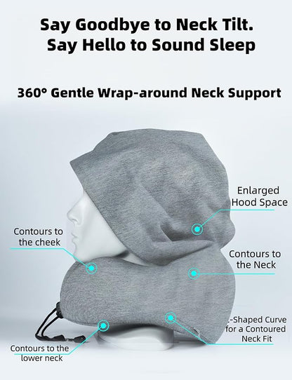 Travel Pillow with Extra Large Hood Rollable Airplant Hooded Neck Pillow with Memory Foam Filling and Removable, Skin-Friendly Cover with a Carrying Pouch