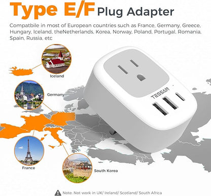 2 Pack Type E F Plug Adapter, TESSAN South Korea Outlet Adapter with 3 USB Ports (1 USB C), Schuko Travel Plug for US to Europe EU Spain Germany France Iceland Greece Russia Norway