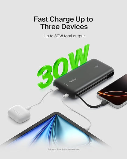 Belkin Portable Charger, Power Bank with Integrated Cable 20000 mAh 30W - Fast Charging USB C Power Delivery - iPhone 17, Air, Pro, Pro Max, iPad, AirPods, Apple Watch, Galaxy S25, & More - Black