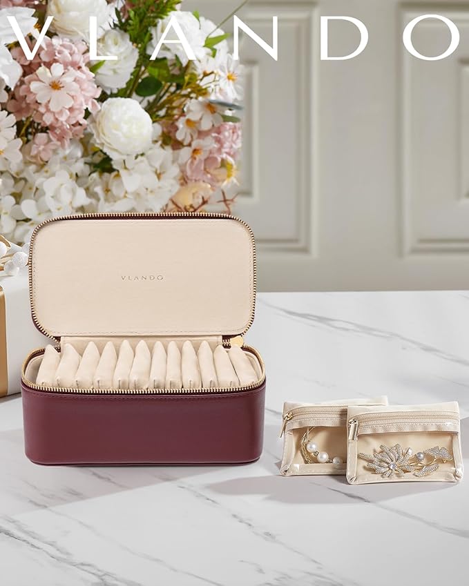 Vlando Jewelry Box with 12 Velvet Jewelry Bags Travel Jewelry Case for Girls Jewelry Organizers Necklace Rings Earrings Storage Bags Christmas Gifts Bridal Shower Gifts- Red