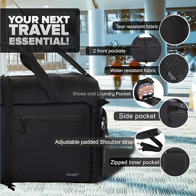 Bago Big XXL Foldable Duffel Bags for Traveling Women & Men - 140L Packable Duffle Bag for Travel with Shoe Compartment - Water Repellant, Heavy Duty, Lightweight Folding & Collapsible (Black)