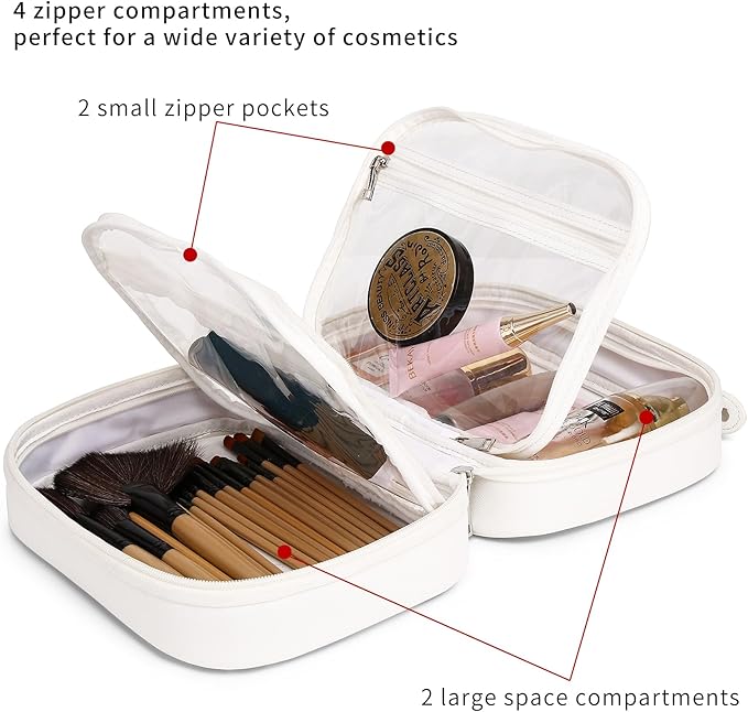 Pinkmik Travel Makeup Bag Set Portable Clear Cosmetic & Toiletry Case Women's Purse Organizer and Car Essentials with Zipper (White, M+SLIM-2)