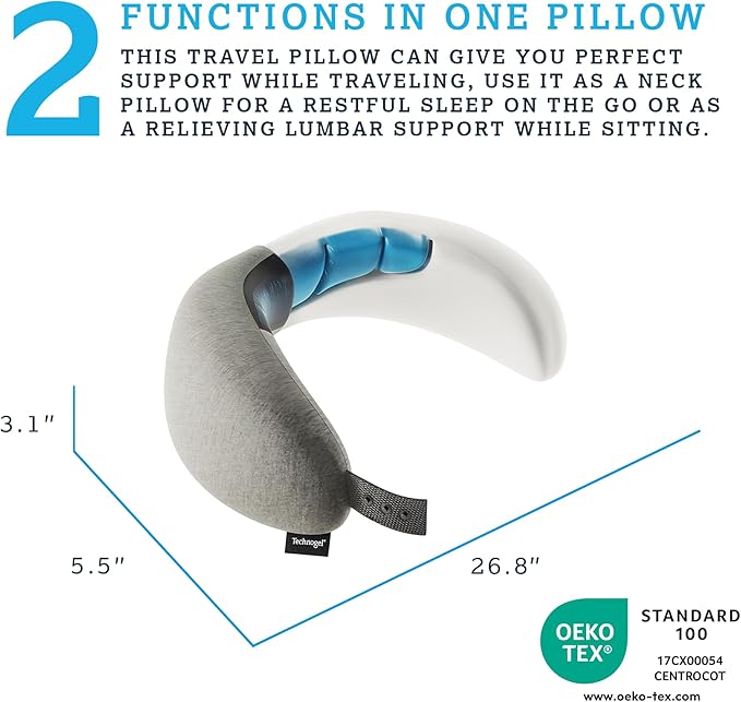 Technogel 2IN1 Travel Neck Pillow with Gel I Chin, & Lumbar Support I Premium Memory Foam & Patented Gel I Airplane Train Work Flight Office Car Home Pillow I Super-Soft I Lightweight I Washable