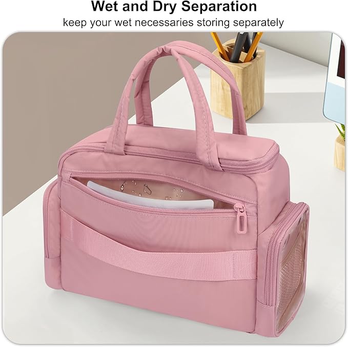 Travel Cosmetic Bag for Women, Lightweight Wide-open Makeup Travel Bags for Toiletries with 2 Removable Dividers, Large Makeup Organizer with Brushes Board, Multi Pockets for Gym, Daily, Pink