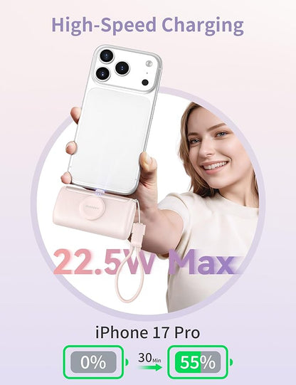 RORRY Mini Portable Charger USB C, 10000mAh PD 22.5W Fast Charging Small Power Bank, Travel Essential Battery Pack for iPhone 17/16/15 Series and Apple Watch Ultra/11/10/9/SE, iPad, Purple