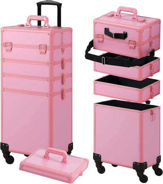 Makeup Train Case, Rolling Makeup Case with Lid, 5 in 1 Cosmetology Case on Wheels, Christmas Gift, Large Makeup Case Organizers, Profesional Cosmetic Case for Salon Barber, Pink