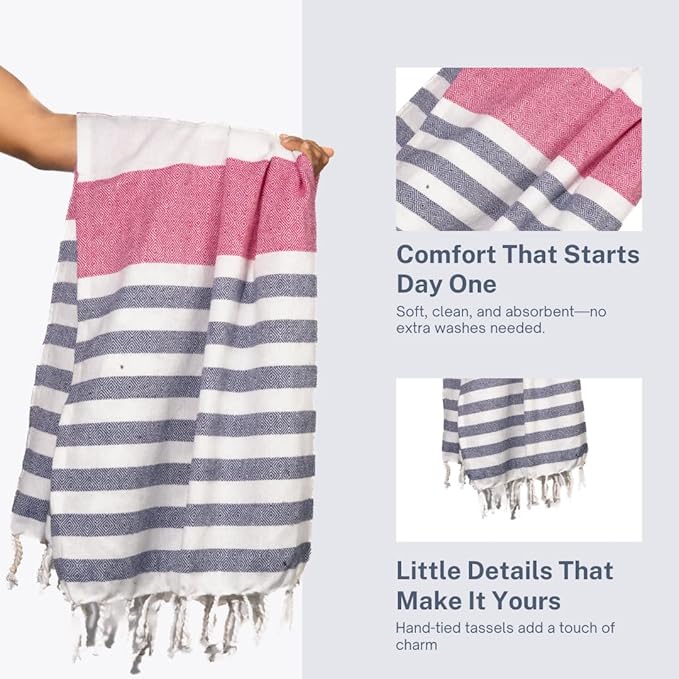 Cotton Turkish Beach Towel with Towels Oversized 36"x72" Pool Absorbent Extra Large Quick Dry Sand Travel Towel (Rosé & Riviera, 2 Pack)