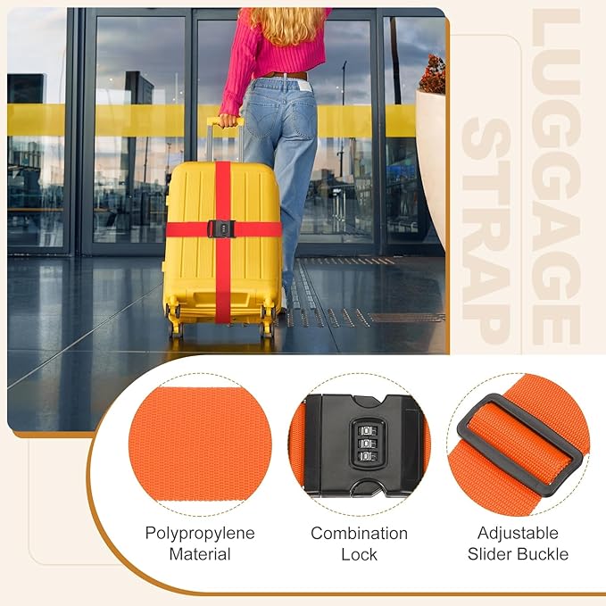 MECCANIXITY Luggage Straps with Combination Lock Adjustable Suitcase Belt Strap for Suitcase Briefcase Backpack Travel, Orange-Red, Pack of 4